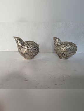 Vintage Southeast Asia Silver? Metal Betel Nut Boxes Quail Set of 2 (4 piece)